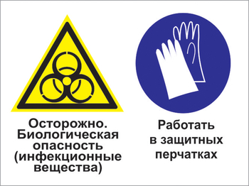 Кз 73 осторожно - биологическая опасность (инфекционные вещества). работать в защитных перчатках. (пленка, 600х400 мм) - Знаки безопасности - Комбинированные знаки безопасности - Магазин охраны труда ИЗО Стиль